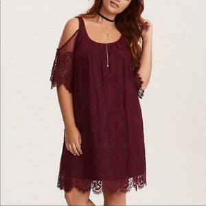 Torrid - SZ 2 - Burgundy Lace Cold-Shoulder Trapeze Dress